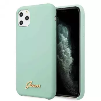 Guess GUHCN58LSLMGG custodia rigida in silicone iPhone 11 Pro verde con logo Vintage Gold