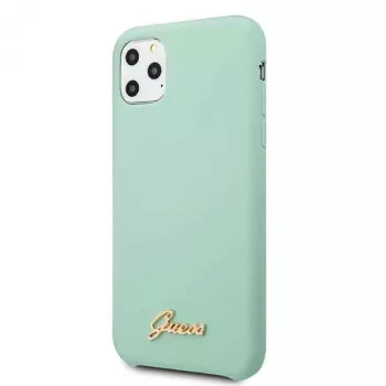 Guess GUHCN58LSLMGG custodia rigida in silicone iPhone 11 Pro verde con logo Vintage Gold