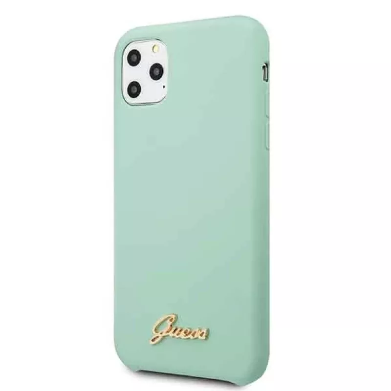 Guess GUHCN58LSLMGG custodia rigida in silicone iPhone 11 Pro verde con logo Vintage Gold