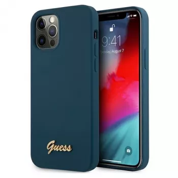 Guess GUHCP12LLSLMGBL custodia rigida Metal Logo Script per Apple iPhone 12 Pro Max, blu
