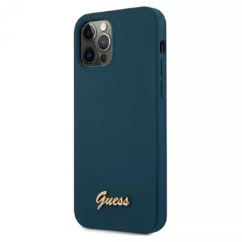 Guess GUHCP12LLSLMGBL custodia rigida Metal Logo Script per Apple iPhone 12 Pro Max, blu