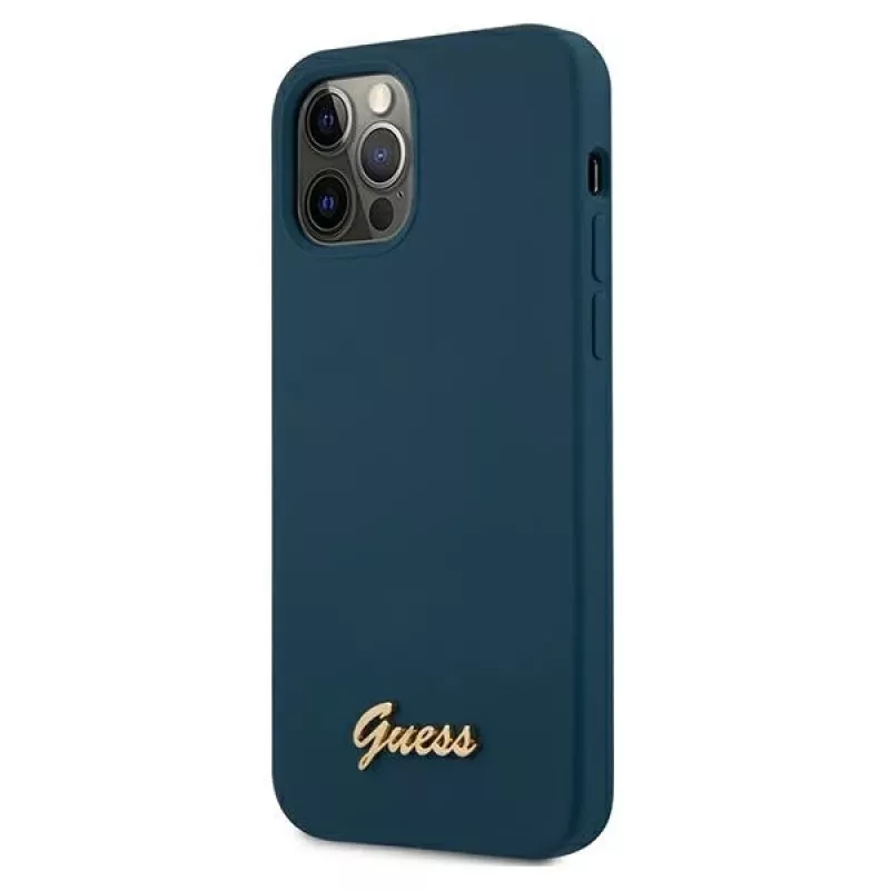 Guess GUHCP12LLSLMGBL custodia rigida Metal Logo Script per Apple iPhone 12 Pro Max, blu