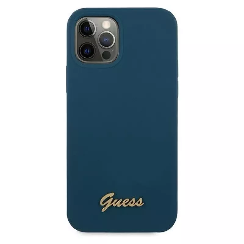 Guess GUHCP12LLSLMGBL custodia rigida Metal Logo Script per Apple iPhone 12 Pro Max, blu