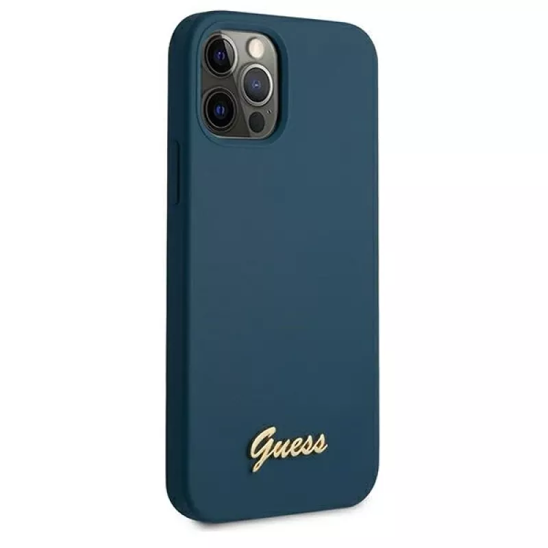 Guess GUHCP12LLSLMGBL custodia rigida Metal Logo Script per Apple iPhone 12 Pro Max, blu