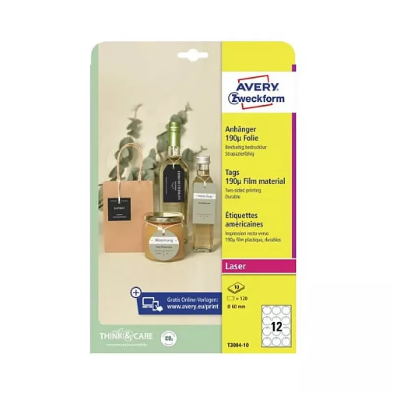 Avery Zweckform T3004-10 Etichette rotonde non adesive, poliestere, bianche, 60 mm, 120 etichette
