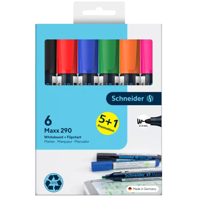 Schneider Maxx 290 set pennarelli per lavagna bianca e flipchart, 6 pezzi, colori assortiti, 2,0 - 3,0 mm