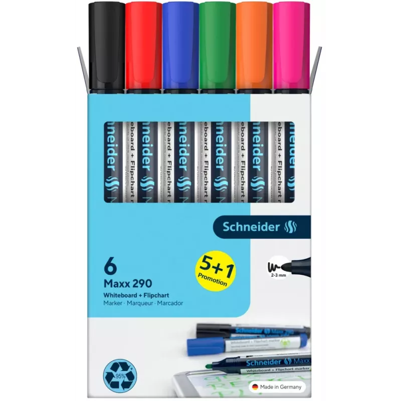 Schneider Maxx 290 set pennarelli per lavagna bianca e flipchart, 6 pezzi, colori assortiti, 2,0 - 3,0 mm