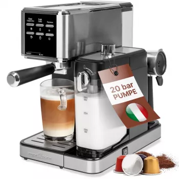 PROFI COOK PC-ES-KA 1266 Macchina per espresso con portafiltro e sistema a capsule, 20 bar, 1450 W, nero/argento
