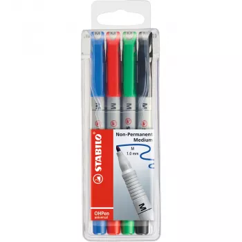 STABILO OHPen - 4 pezzi - nero - blu - verde - rosso - rotonda - media - 1 mm - inchiostro a base d'acqua