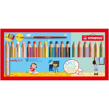 STABILO Woody 3 in 1 matita multiuso 7,6 cm set pastello da 18 pezzi con pennello