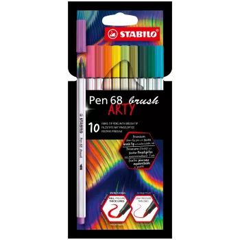STABILO Pen 68 Brush ARTY Edition set pennarelli a punta pennello - 10 colori assortiti in astuccio di cartone