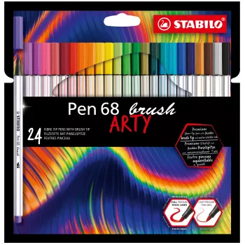 STABILO Pen 68 Brush ARTY Edition astuccio di cartone da 24 - pennarelli in feltro con punta a pennello flessibile per handlettering, bullet journaling e illustrazione
