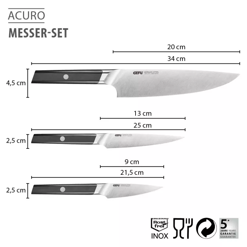 GEFU ACURO Set di coltelli da 3 pezzi - coltello da chef, coltello multiuso e coltello pelapatate