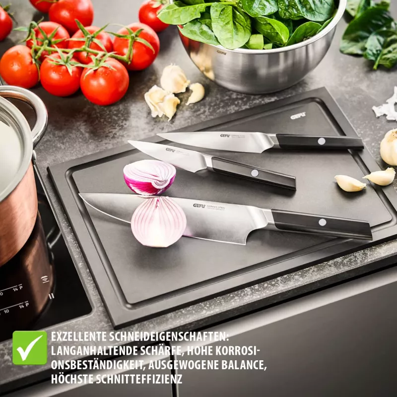 GEFU ACURO Set di coltelli da 3 pezzi - coltello da chef, coltello multiuso e coltello pelapatate