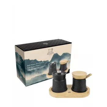 Peugeot Bali Fonte set macinasale e macinapepe con vassoio in legno, 8 cm, nero
