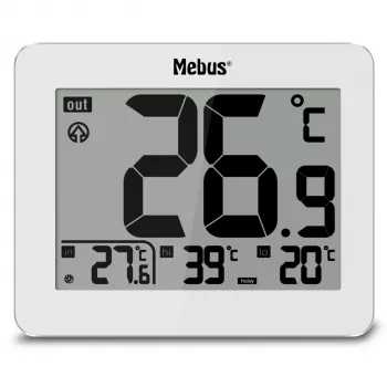 MEBUS 1074 termometro digitale con temperatura interna ed esterna, display LCD, montaggio a parete, bianco
