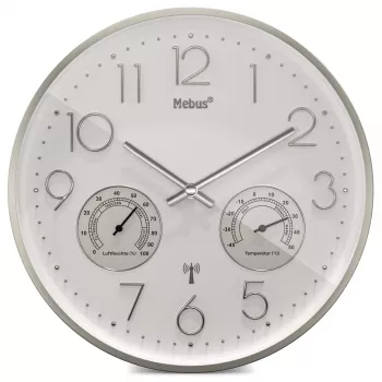 MEBUS 12989 orologio da parete radiocontrollato con termoigrometro, cornice argento, quadrante bianco, DCF77