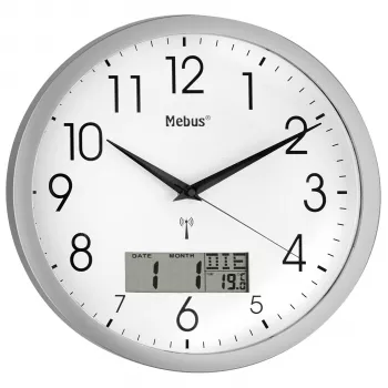 Mebus 19422 orologio da parete radiocontrollato, analogico, quadrante bianco, cassa argento, 30 cm