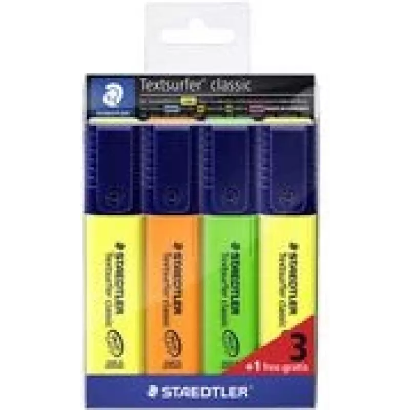 STAEDTLER Textsurfer Classic 3+1 Promopack set evidenziatori, punta a scalpello, 1.0-5.0 mm, colori assortiti