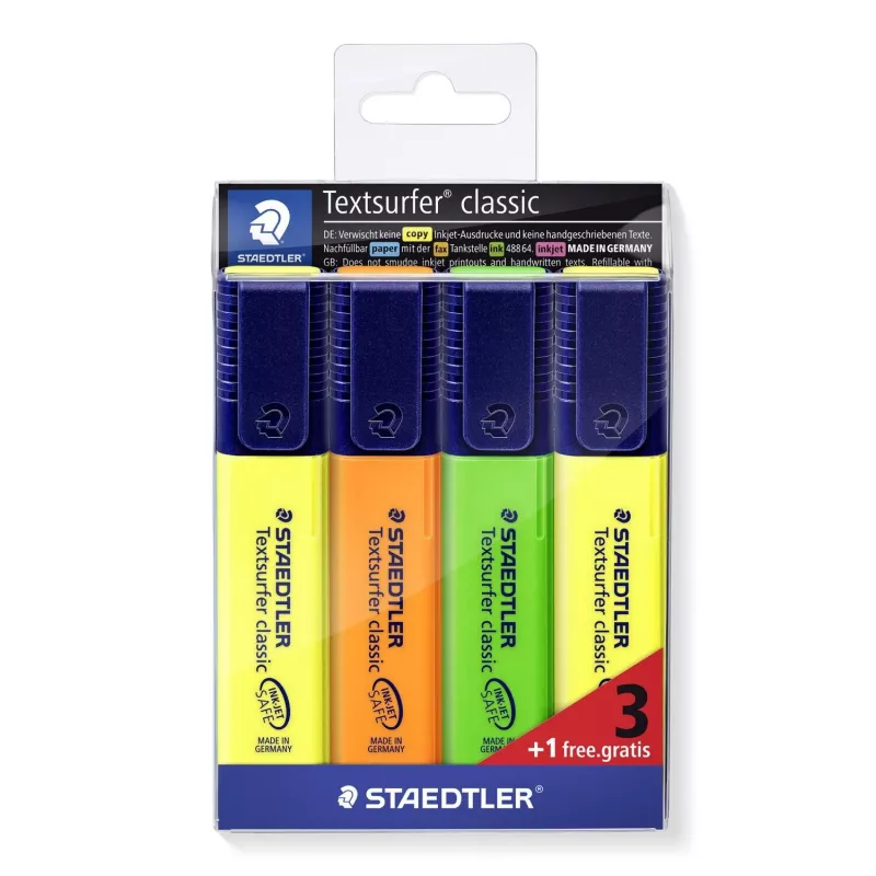 STAEDTLER Textsurfer Classic 3+1 Promopack set evidenziatori, punta a scalpello, 1.0-5.0 mm, colori assortiti