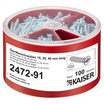 Kaiser Elektro 2472-91 cassetta assortimento viti per apparecchi, 100 pezzi per misura 3,2x15/25/40 mm