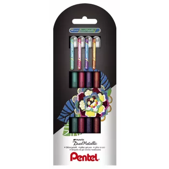 Pentel Dual Metallic set penne gel - 4 colori (verde, arancione, rosa, viola) - 0,5 mm punta fine - corpo in plastica - blister