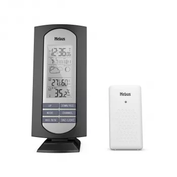 MEBUS 11146 Stazione meteo radio con sensore esterno, display LCD, orologio radio DCF77, monitor di temperatura e umidità, previsioni meteo, fase lunare, sveglia, funzione snooze, retroilluminazione, montaggio a parete, nero