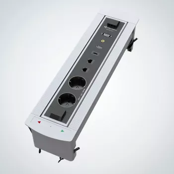Kindermann CablePort Turn scatola da incasso per tavolo con 2 prese Schuko, 2 RJ45 CAT6, 2 HDMI, 1 USB-A 3.0, rotazione a 360°, argento/nero