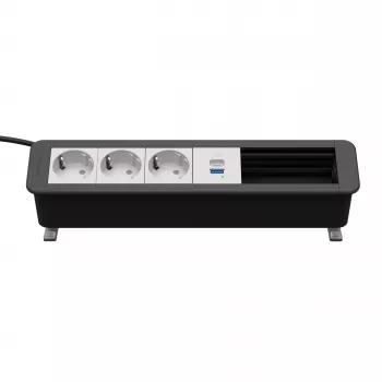 Kindermann CP Office Desk unità alimentazione e connettività, 6 slot, 3x prese Schuko, 1x USB-C PD 60W, cavo 3m, argento