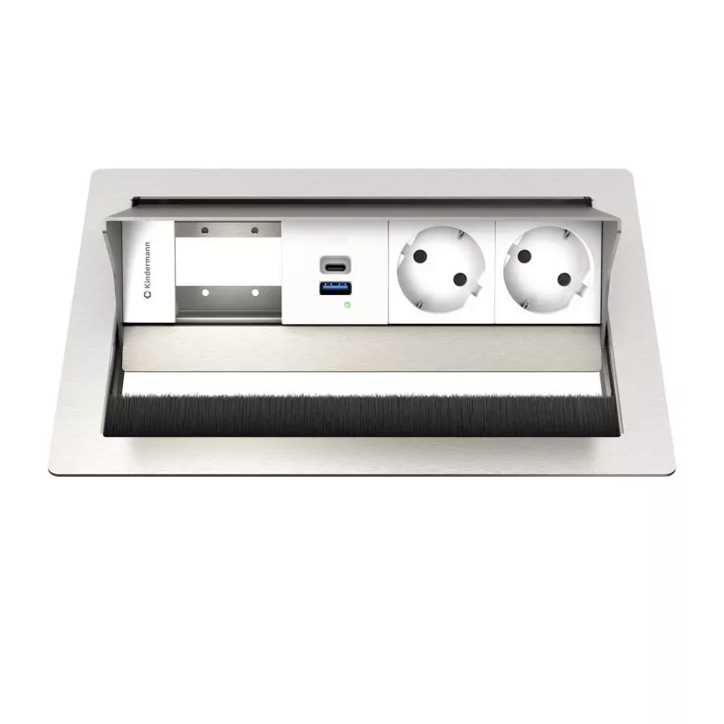 Kindermann CP Standard VA 4f. pannello di connessione per scrivania con 2x prese Schuko e 1x porta di ricarica USB-A, argento/nero
