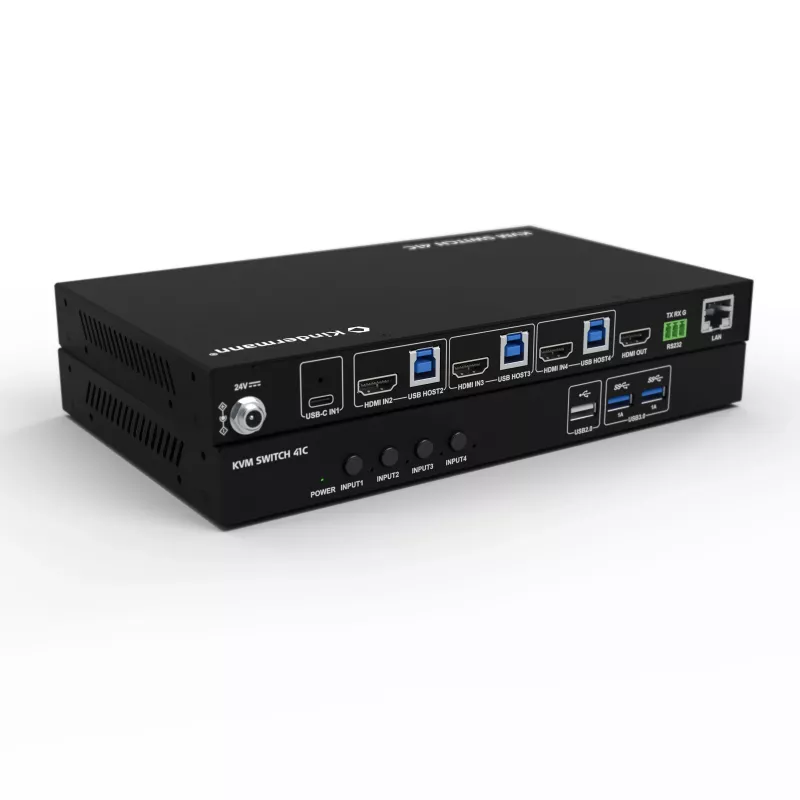 Kindermann KVM Switch 41C - switch KVM digitale 4 porte con DVI-D, USB, audio, emulazione EDID