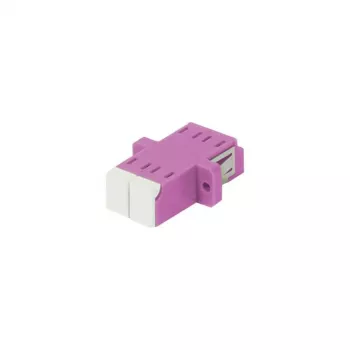 SYNERGY21 accoppiatore in fibra ottica LC-LC duplex multimodale OM4, viola erika, PVC, flangiato, con sportello di protezione laser su un lato
