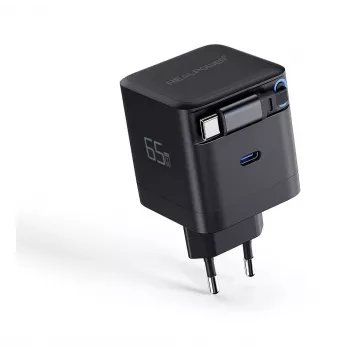 RealPower caricabatterie GaN 65W nero con 2x USB-C PD, compatto e potente