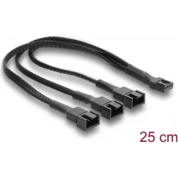 Cavo splitter ventola Delock 1 x connettore femmina 4 pin PWM a maschio + 2 x connettore maschio 4 pin (3 pin collegati) con guaina intrecciata 25 cm nero