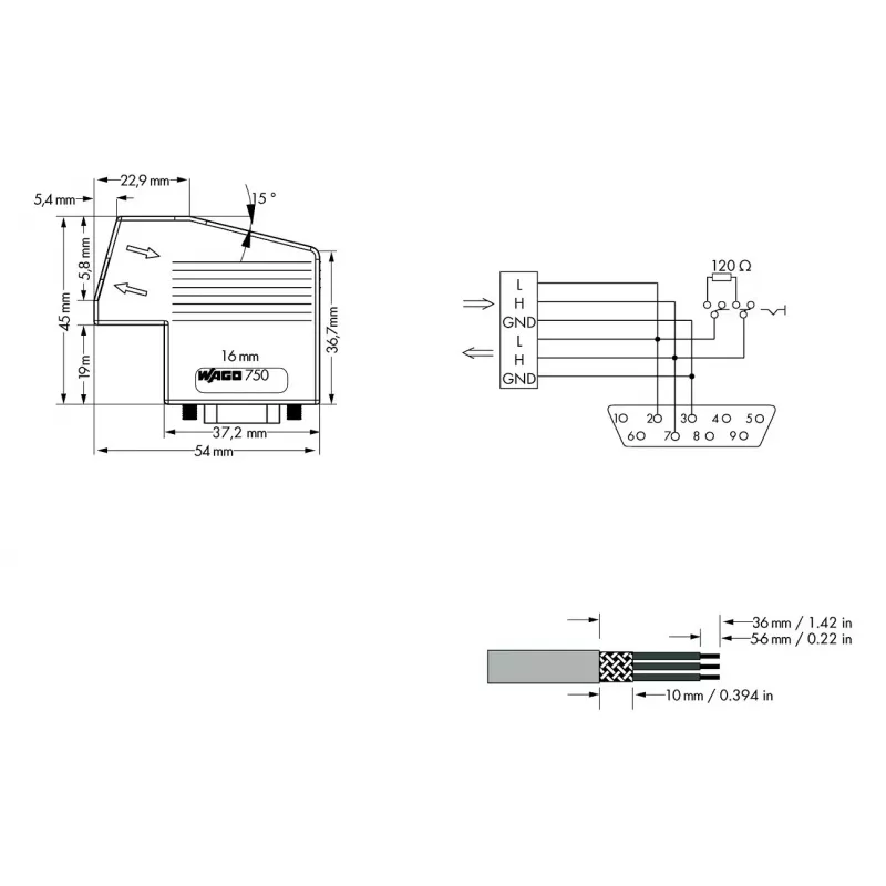 WAGO 750-963 modulo di connessione D-Sub, 9 poli femmina, grigio, IP20, per WAGO I/O System 750