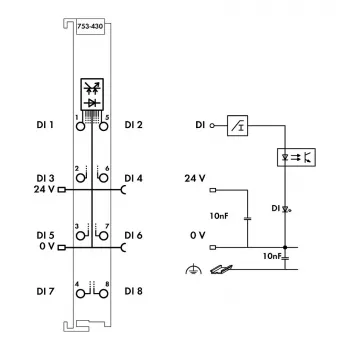 WAGO 753-430 - modulo di ingresso digitale a 8 canali, 24 VDC, isolamento 5 kV, CAGE CLAMP, guida DIN