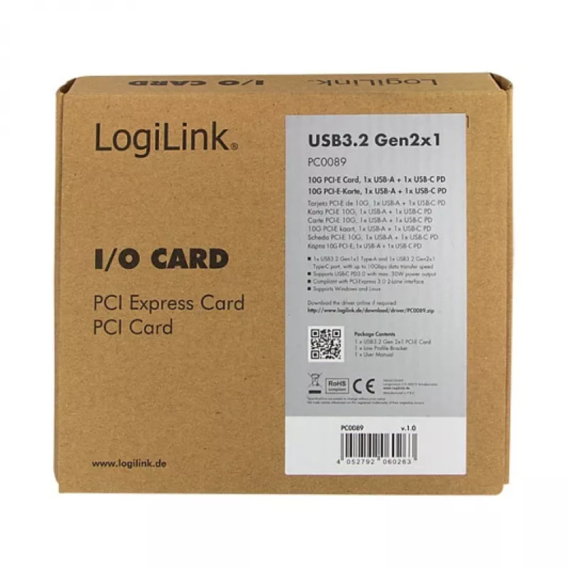 LogiLink scheda PCI Express USB 3.2, 5 Gbps, 2 porte USB-A esterne + 3 interne