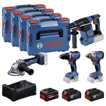 BOSCH POWERTOOLS Combo Kit 18V avvitatore a batteria, avvitatore a impulsi, martello perforatore, smerigliatrice angolare (kit 4 utensili)