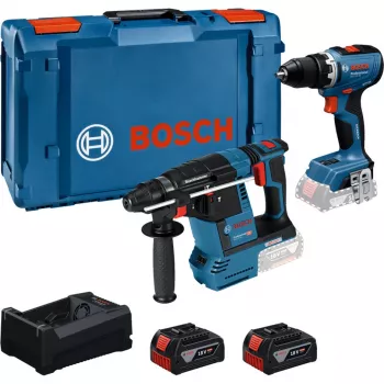 BOSCH PowerTools Combo Kit avvitatore a percussione a batteria 18V 65 + martello perforatore a batteria 18V 26 con 2 batterie 5 Ah e caricabatterie (kit)