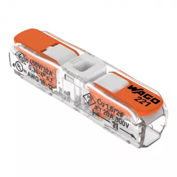 WAGO 221-2401 Connettore di giunzione inline, 2 conduttori, 0,2-4 mm², 600 pz., trasparente/arancione