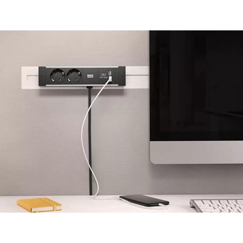 Bachmann DESK Rail ciabatta con 2 prese Schuko e 2 porte di ricarica USB, cavo 2m, argento/nero