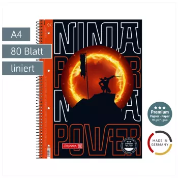 BRUNNEN blocco College Ninja Power rigatura 27 a righe A4 con margine interno, 80 fogli, rilegatura a spirale, 4 fori, perforato, 70 g/m², bianco