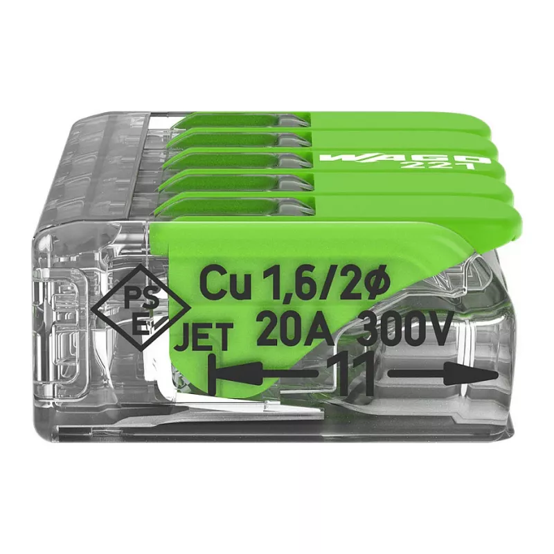 Connettore compatto WAGO 221-425 a 5 conduttori con leve, trasparente/arancione