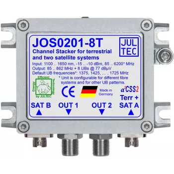 JULTEC JOS0201-8T convertitore Unicable II / JESS a cavo singolo con 2x ingresso ottico satellitare e 1x ingresso ottico terrestre, 8x uscita tipo F, connettori FC/PC