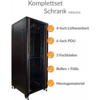 IT-BUDGET armadio di rete 19 pollici SRK - set completo - 42HE - larghezza 800 mm, profondità 800 mm - porta in vetro/acciaio - 4 ventole attive - PDU - ripiani - premontato - nero (99ITB19SRK4288GSM)
