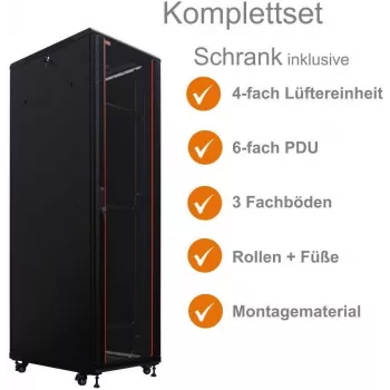 IT-BUDGET Rack di rete 19 pollici SRK - Kit completo - 42U - 600x800 mm - Porta in vetro/acciaio - 4 ventole attive - PDU - Ripiani - Flatpack - nero (90ITB19SRK4268GS)