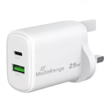 MediaRange caricabatterie rapido GaN 25W spina UK, 1x USB-C e 1x USB-A, PD e QC, bianco (MRMA112-UK)