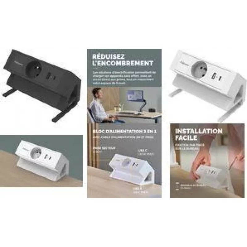 Fellowes Power Desk ciabatta da tavolo tipo E bianca 3 prese AC 2 USB-A cavo 2m