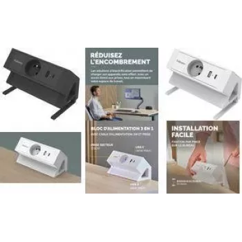 Fellowes Power Desk ciabatta da tavolo Type E bianca 3 prese AC 2 USB-A cavo 2m