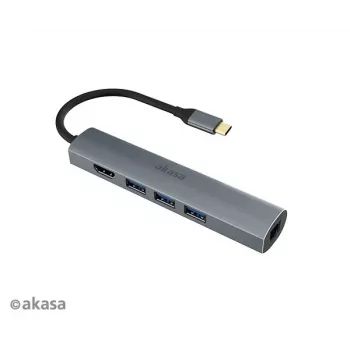Akasa AK-CBCA22-18BK adattatore multiporta USB-C - USB 3.2 Gen 1 Type-C a HDMI, RJ-45, USB-A - alluminio - nero - 18 cm